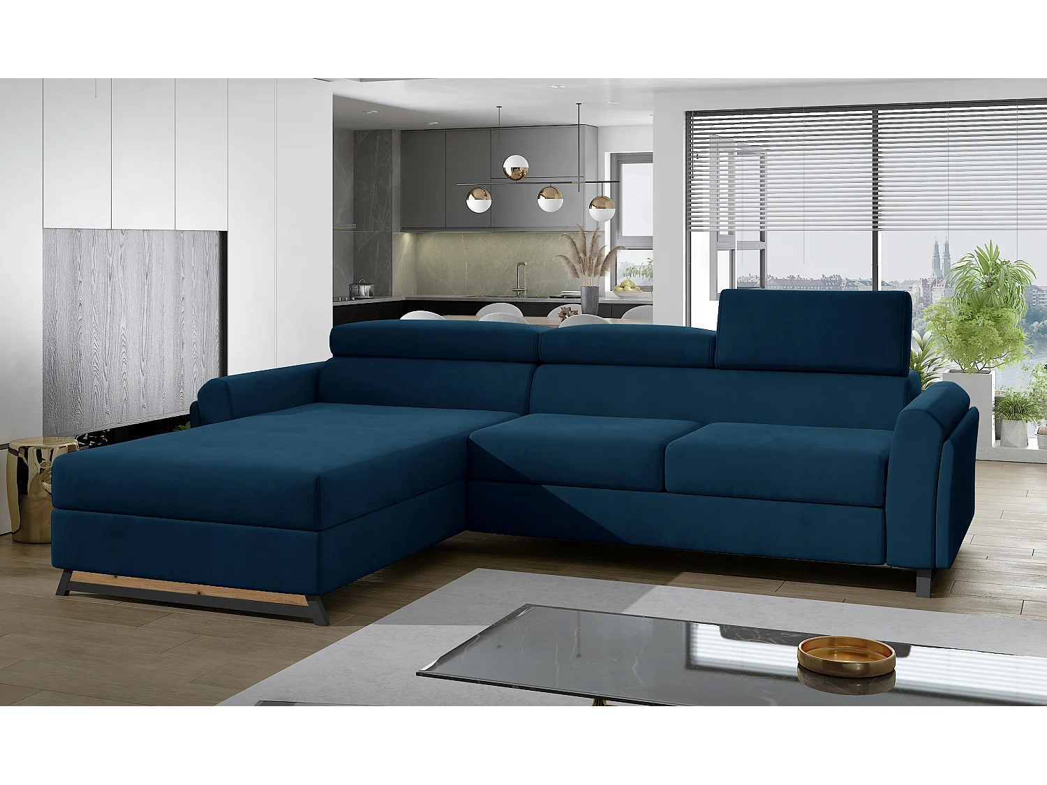 Linkerhoek converteerbare donkerblauwe fluwelen bank met verstelbare hoofdsteunen Mazerali 300 cm