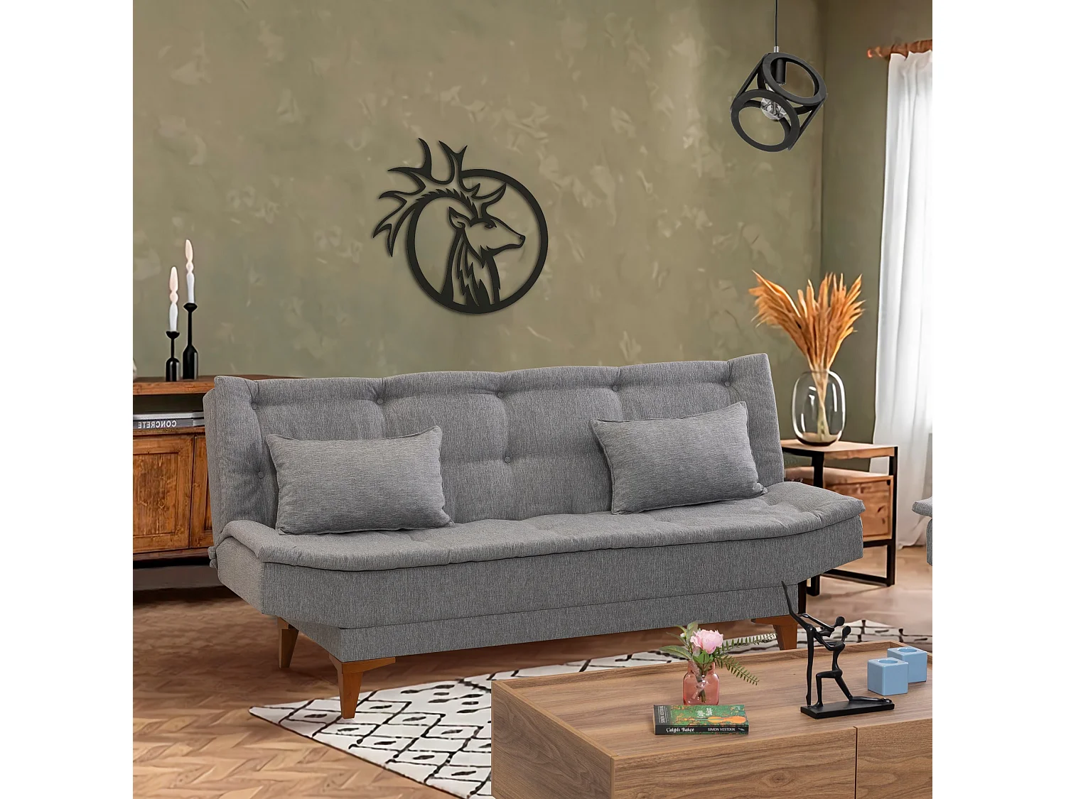 Canapé lit clic clac 3 places tissu gris clair Sanko