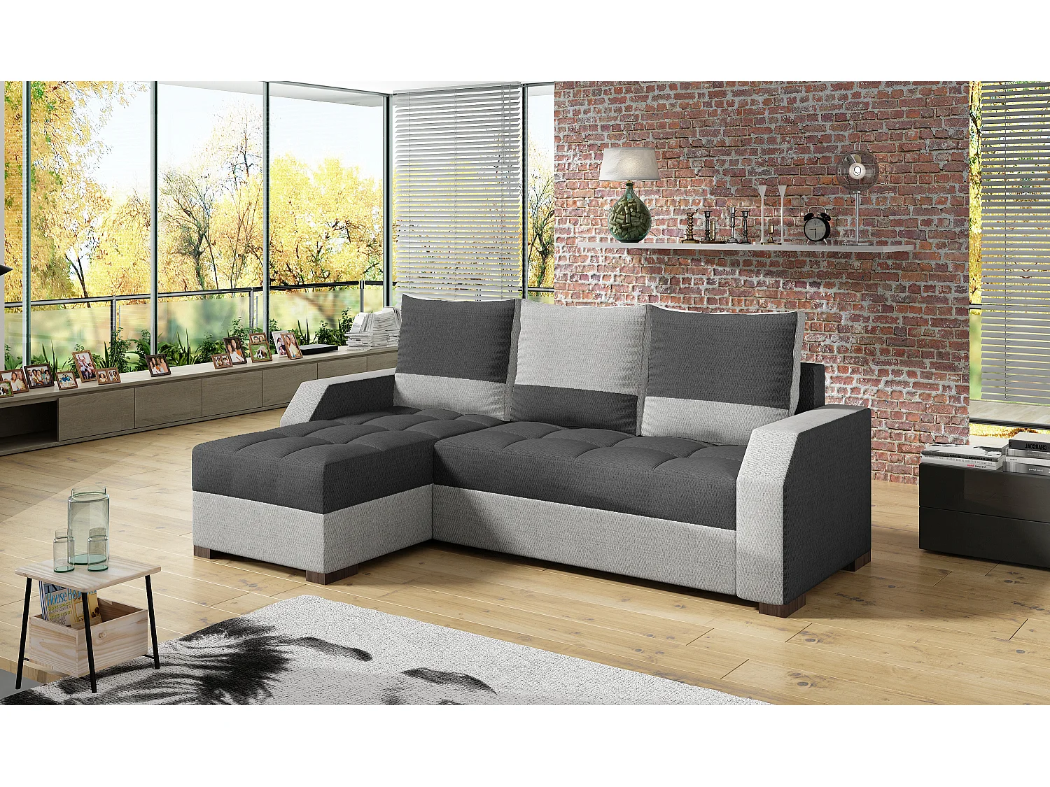 Canapé convertible angle réversible design tissu gris clair et gris foncé Zarky 250cm