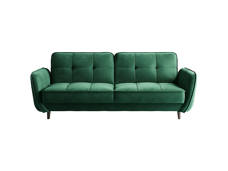 Canapé convertible 3 places tissu vert capitonné et pieds bois noir Bizza 220cm