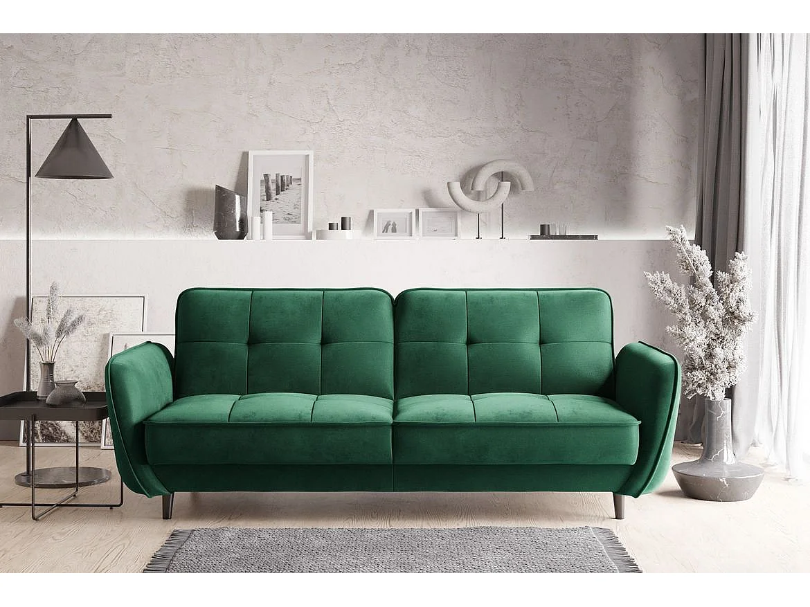 Canapé convertible 3 places tissu vert capitonné et pieds bois noir Bizza 220cm