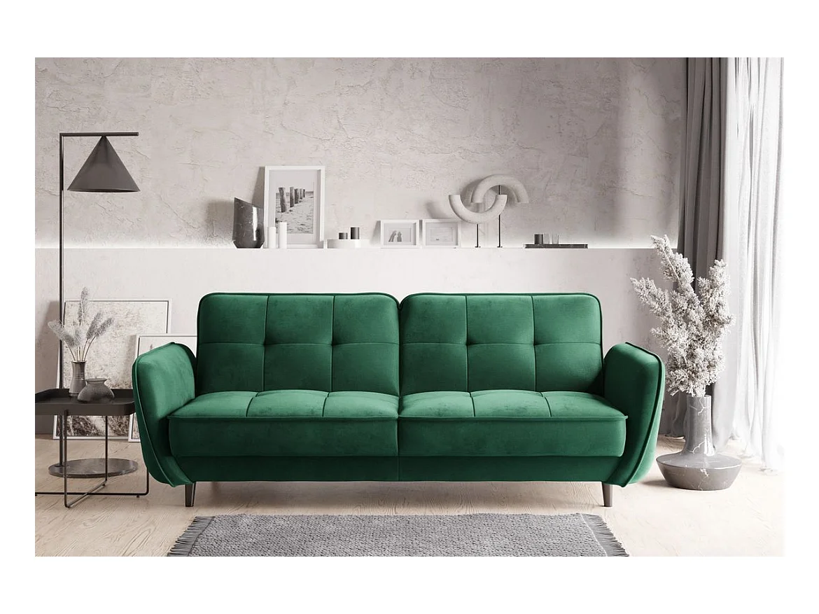 Canapé convertible 3 places tissu vert capitonné et pieds bois noir Bizza 220cm