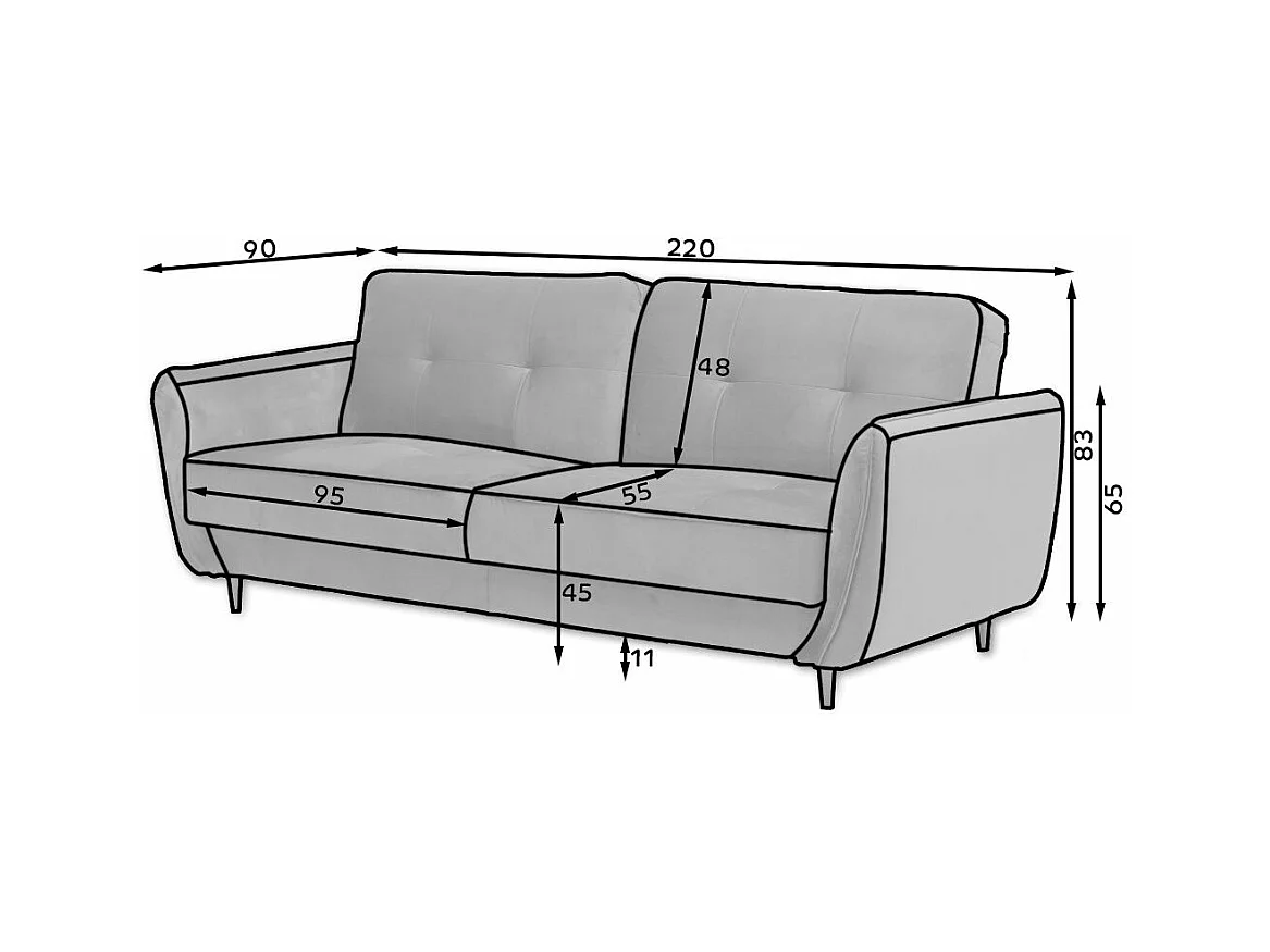 Canapé convertible 3 places tissu vert capitonné et pieds bois noir Bizza 220cm