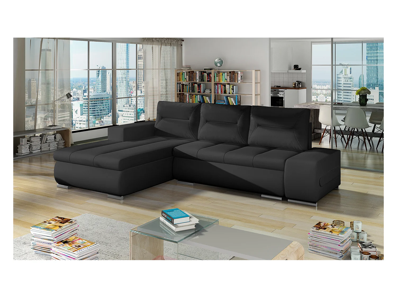 Waker zwarte imitatieleren hoekbank links 275 cm