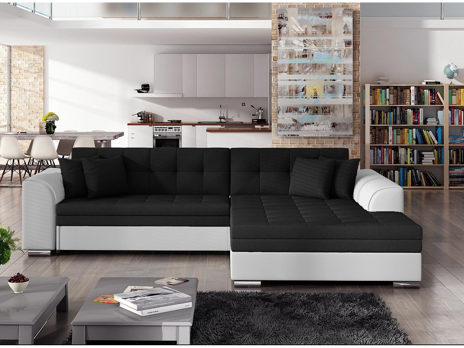 Canapé d'angle droit convertible 4 places tissu noir et simili blanc Looka 295cm