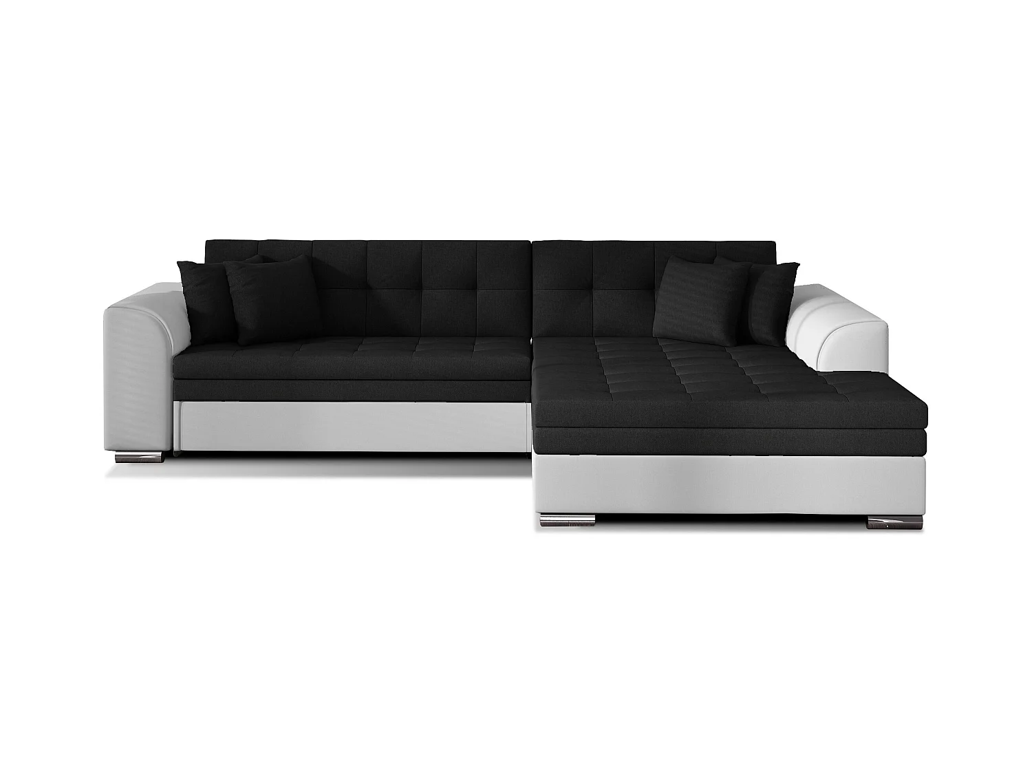 Canapé d'angle droit convertible 4 places tissu noir et simili blanc Looka 295cm