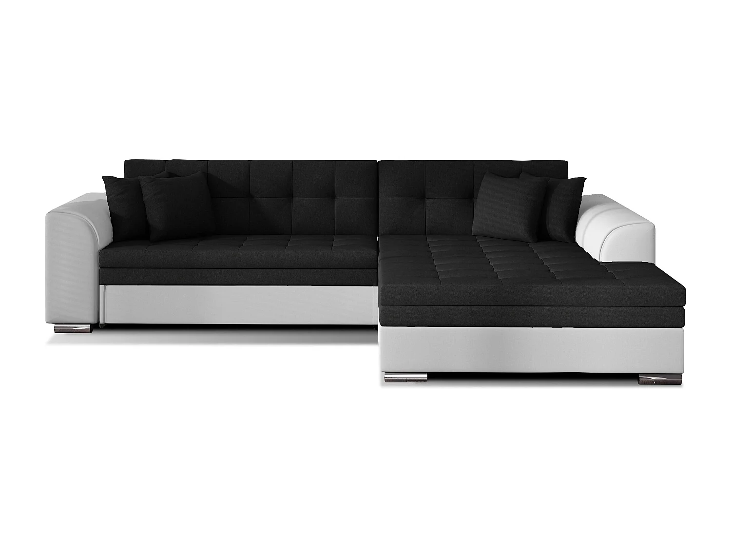 Canapé d'angle droit convertible 4 places tissu noir et simili blanc Looka 295cm