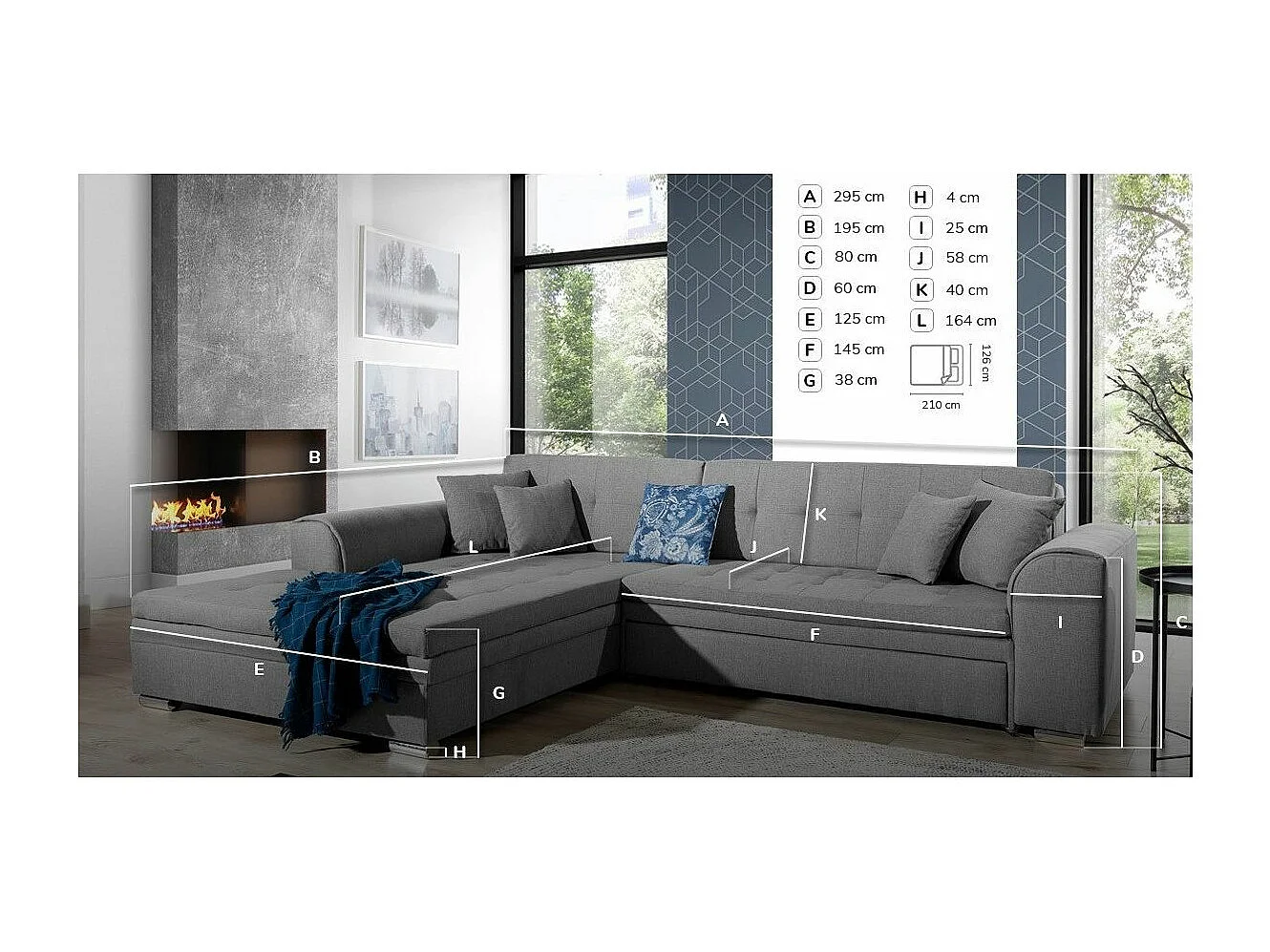 Canapé d'angle droit convertible 4 places tissu noir et simili blanc Looka 295cm