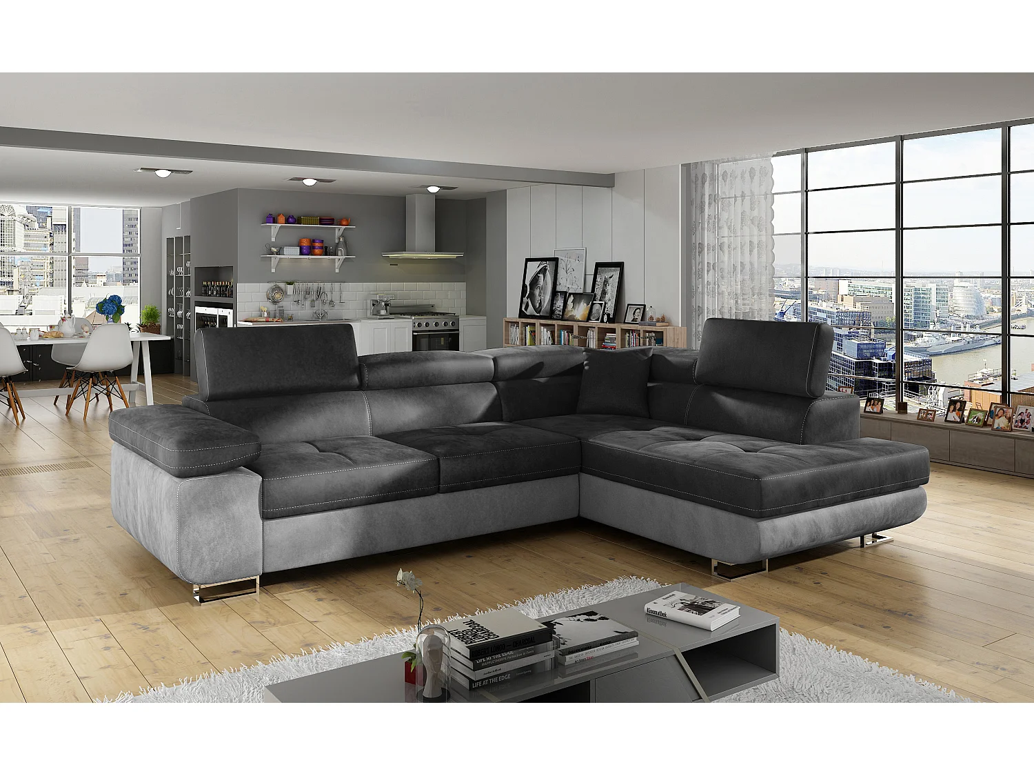 Canapé d'angle droit convertible velours gris clair et gris foncé Marka 275cm