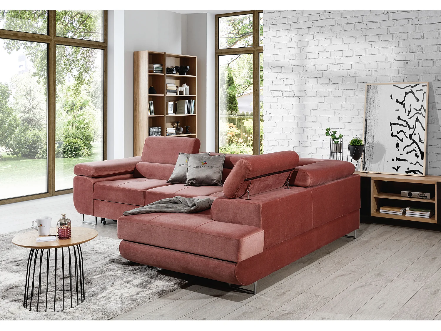 Canapé d'angle droit convertible velours gris clair et gris foncé Marka 275cm