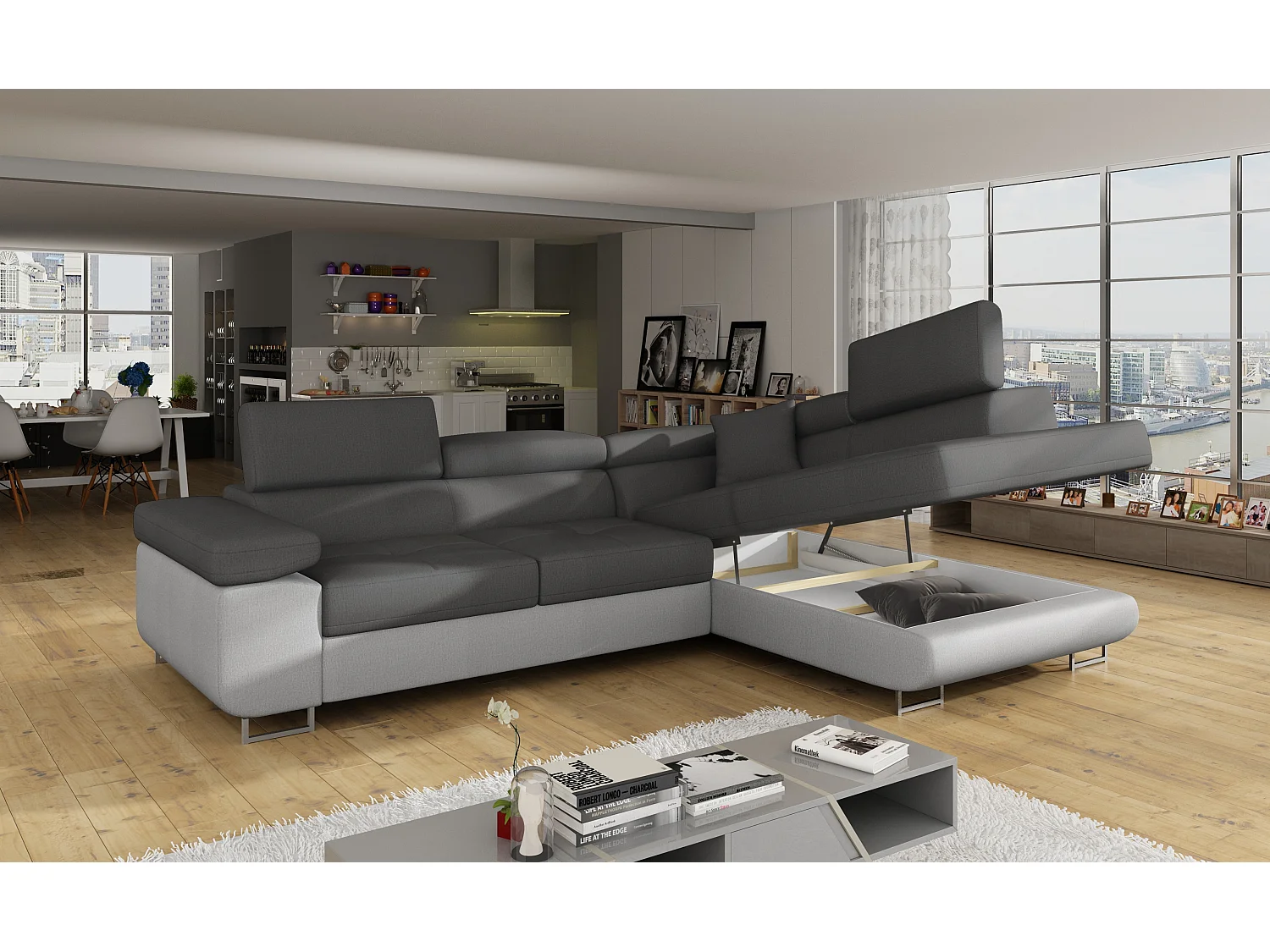 Sofá esquinero convertible en terciopelo con reposacabezas elevables - Colección Marka-Gris/Gris oscuro-Ángulos rectos