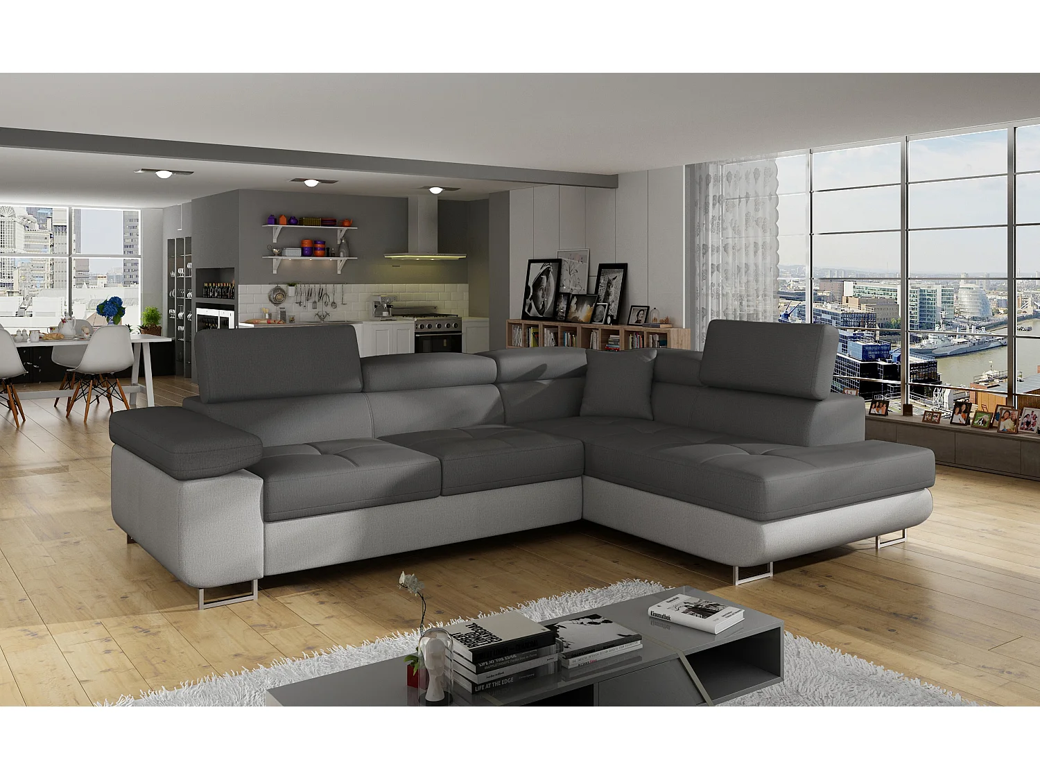 Sofá esquinero convertible en terciopelo con reposacabezas elevables - Colección Marka-Gris/Gris oscuro-Ángulos rectos