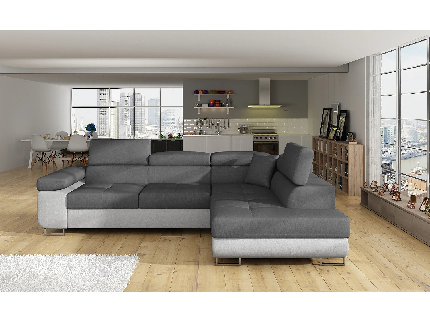 Sofá esquinero convertible en terciopelo con reposacabezas elevables - Colección Marka-Gris/Gris oscuro-Ángulos rectos