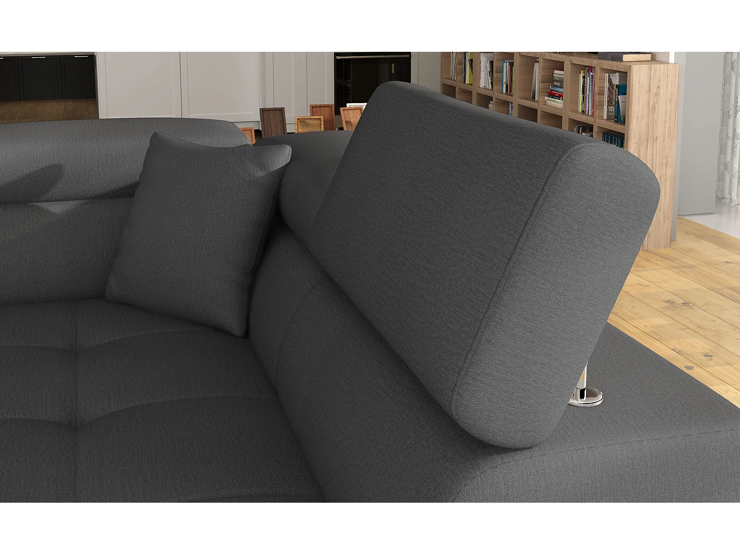 Sofá esquinero convertible en terciopelo con reposacabezas elevables - Colección Marka-Gris/Gris oscuro-Ángulos rectos