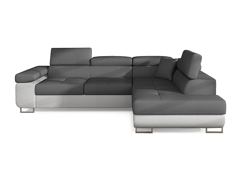 Canapé d'angle convertible velours MARKA - Coffre et appuis-tête réglables-Gris/Gris foncé-angle droit