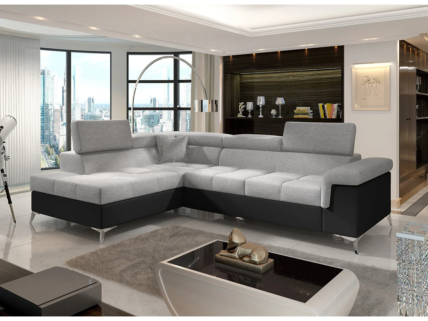 Canapé d'angle gauche convertible tissu gris clair et simili noir Marido 275cm