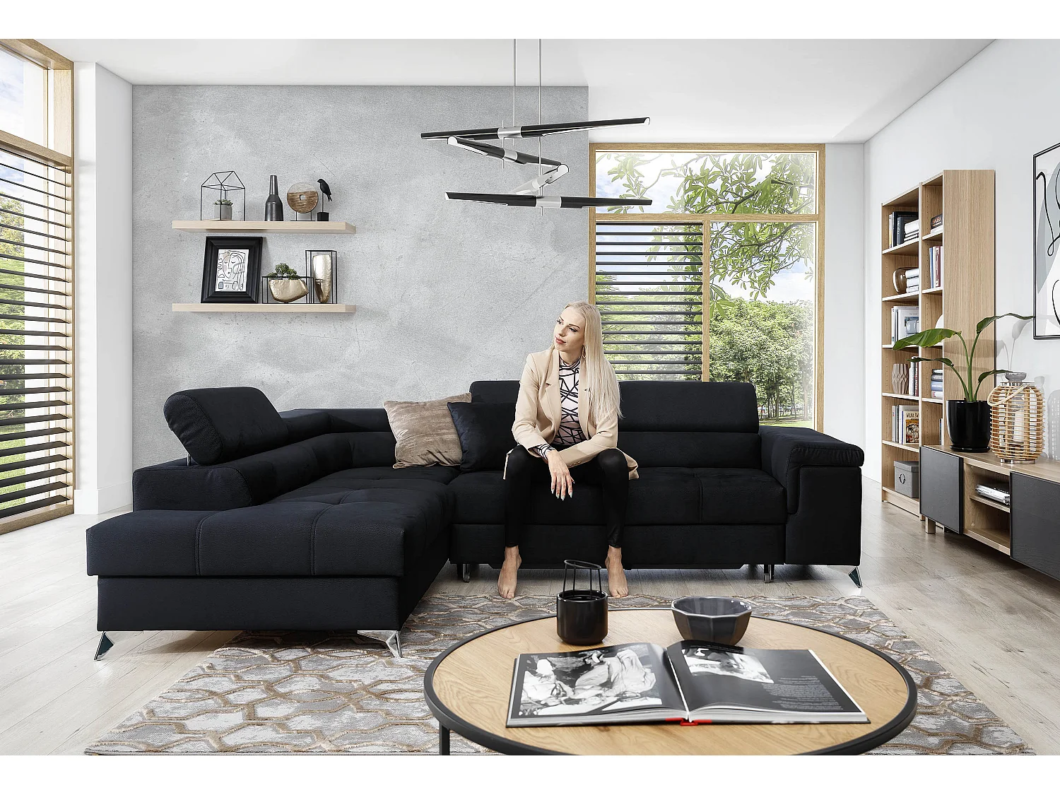 Canapé d'angle gauche convertible tissu gris clair et simili noir Marido 275cm