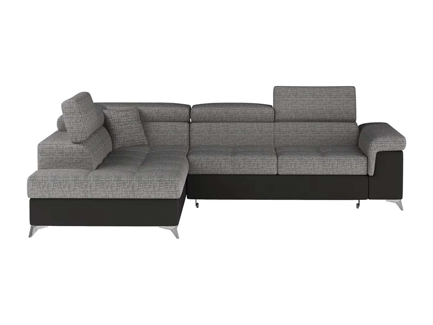 Canapé d'angle convertible Bi matière MARIDO - Coffre et appuis-tête réglables-Noir/Gris chiné-angle gauche