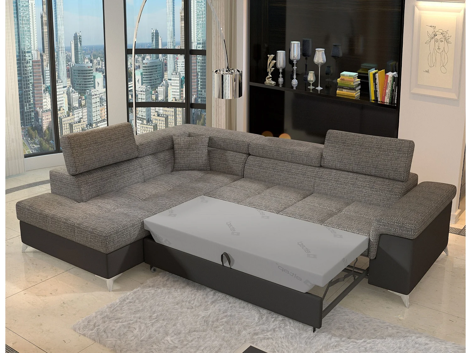 Canapé d'angle convertible Bi matière MARIDO - Coffre et appuis-tête réglables-Noir/Gris chiné-angle gauche