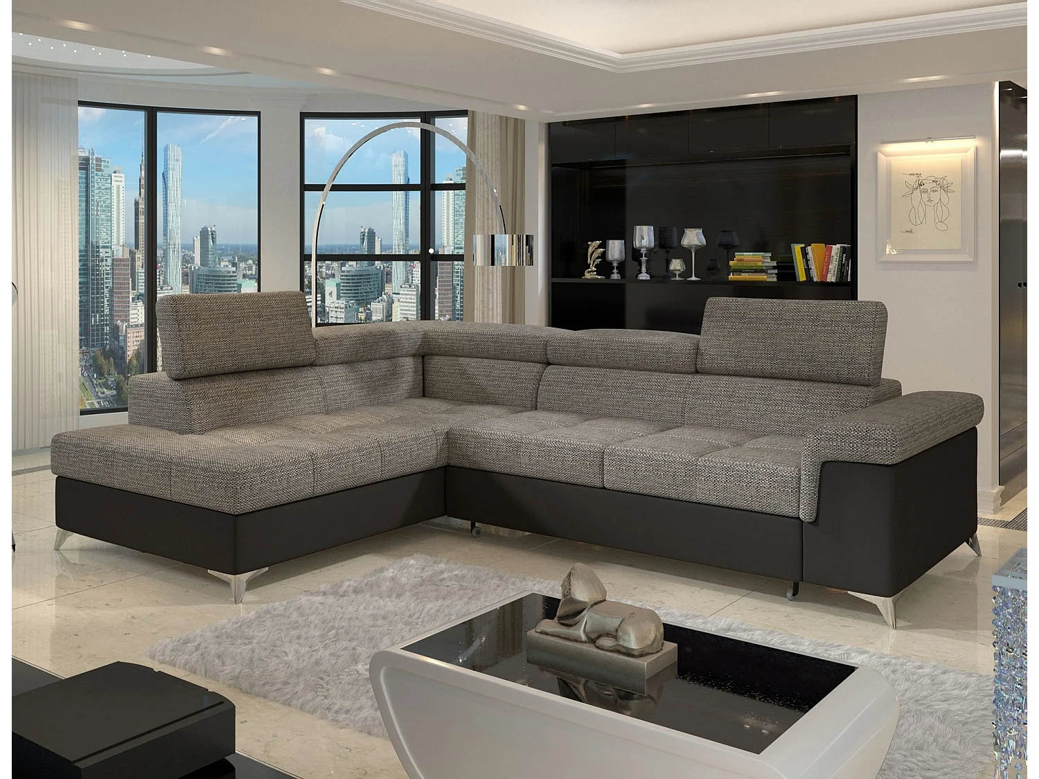 Canapé d'angle convertible Bi matière MARIDO - Coffre et appuis-tête réglables-Noir/Gris chiné-angle gauche