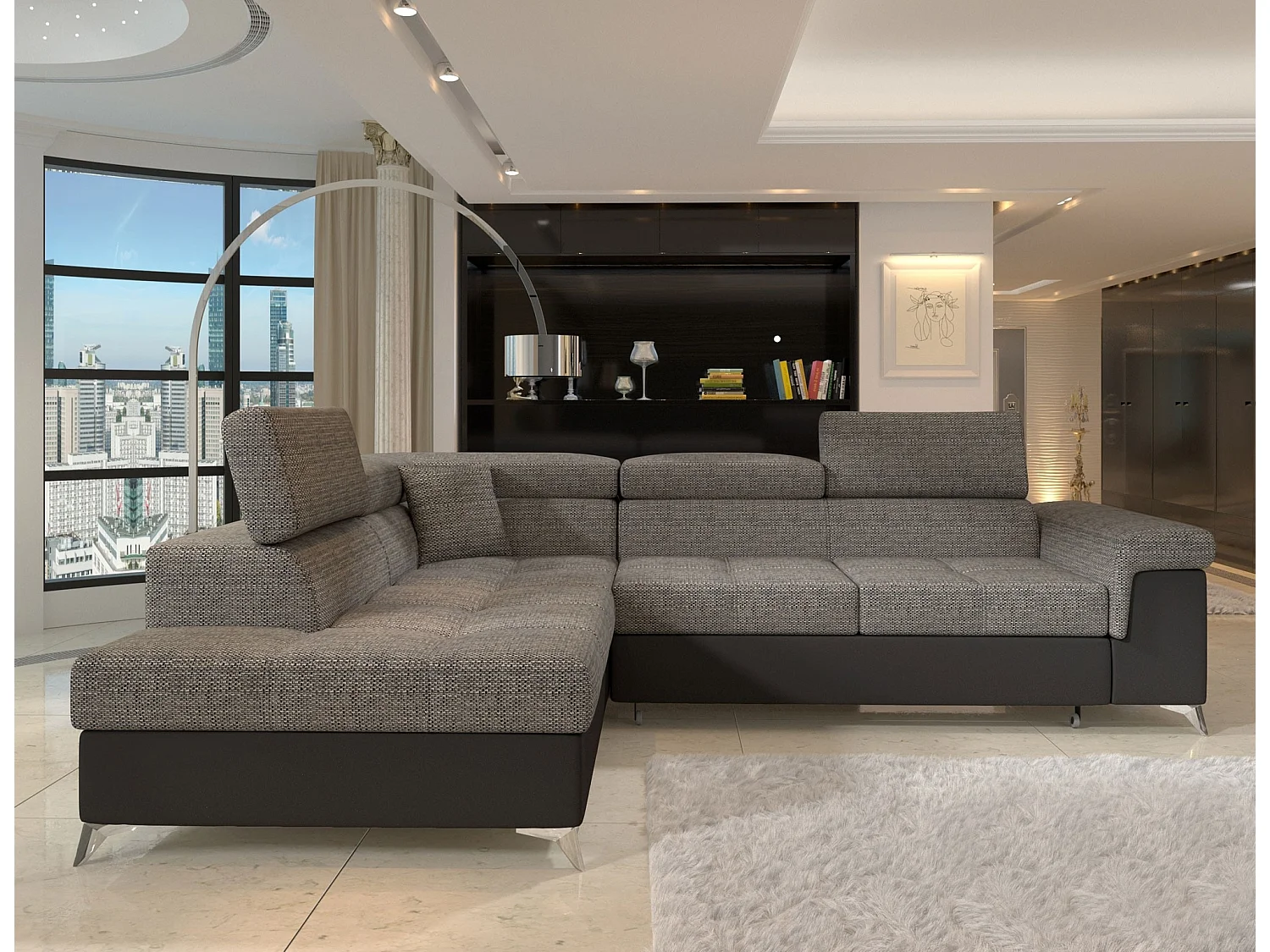 Canapé d'angle convertible Bi matière MARIDO - Coffre et appuis-tête réglables-Noir/Gris chiné-angle gauche