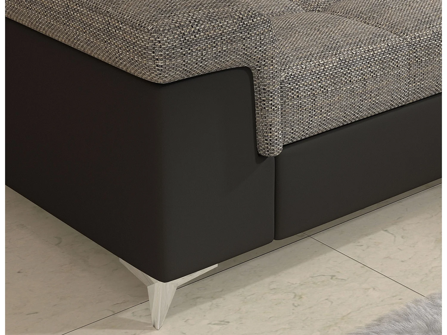 Canapé d'angle convertible Bi matière MARIDO - Coffre et appuis-tête réglables-Noir/Gris chiné-angle gauche