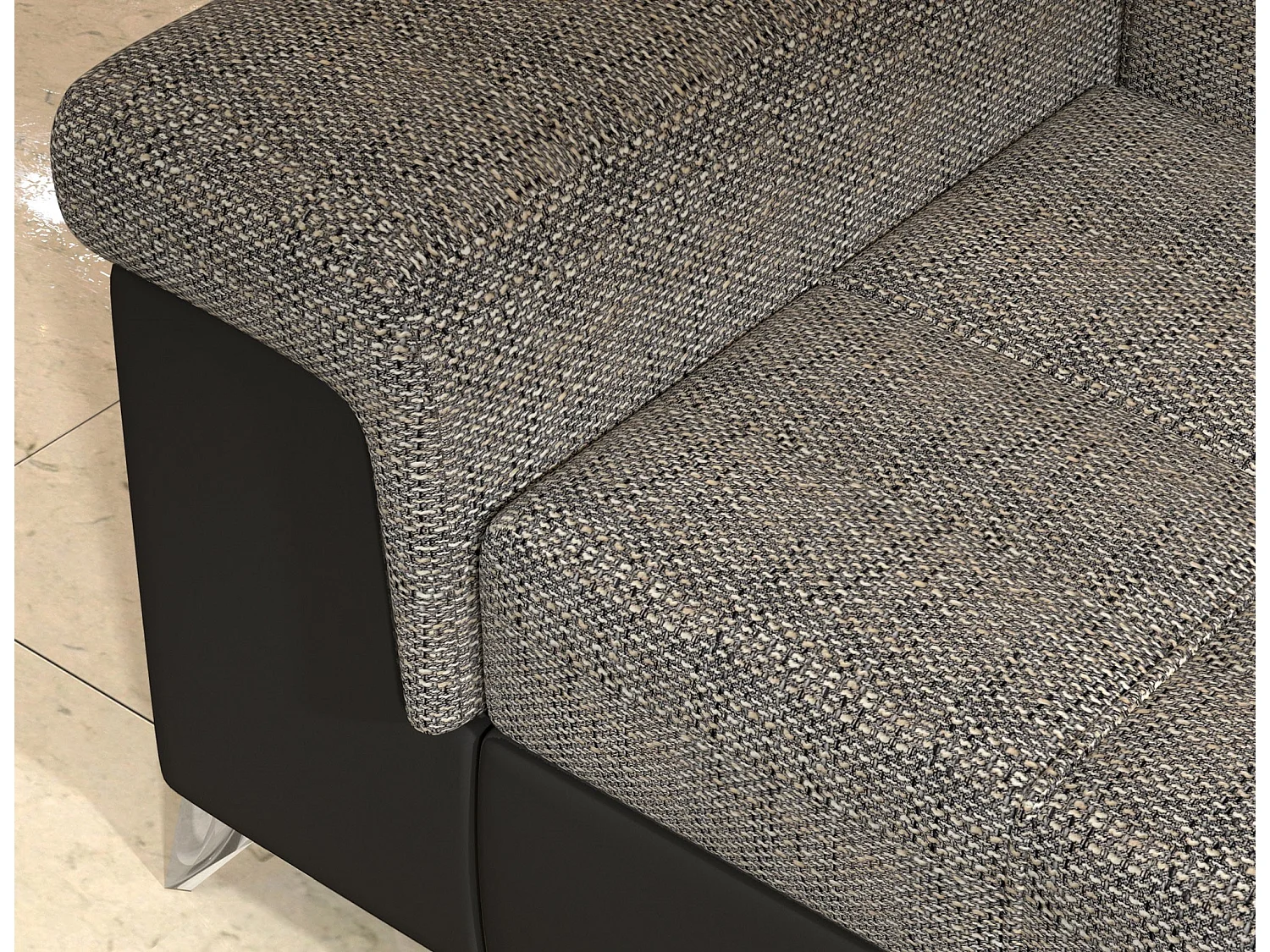 Canapé d'angle convertible Bi matière MARIDO - Coffre et appuis-tête réglables-Noir/Gris chiné-angle gauche