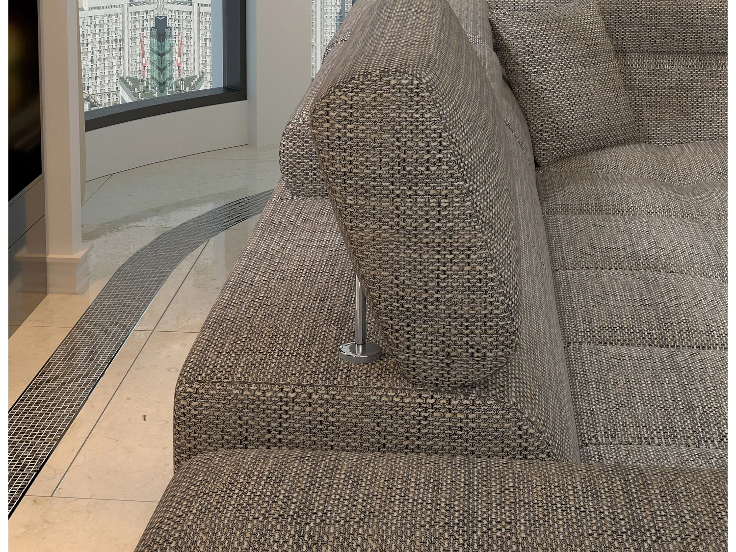 Canapé d'angle convertible Bi matière MARIDO - Coffre et appuis-tête réglables-Noir/Gris chiné-angle gauche