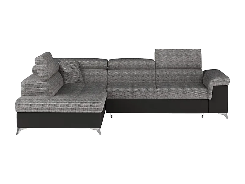 Canapé d'angle convertible Bi matière MARIDO - Coffre et appuis-tête réglables-Noir/Gris chiné-angle gauche