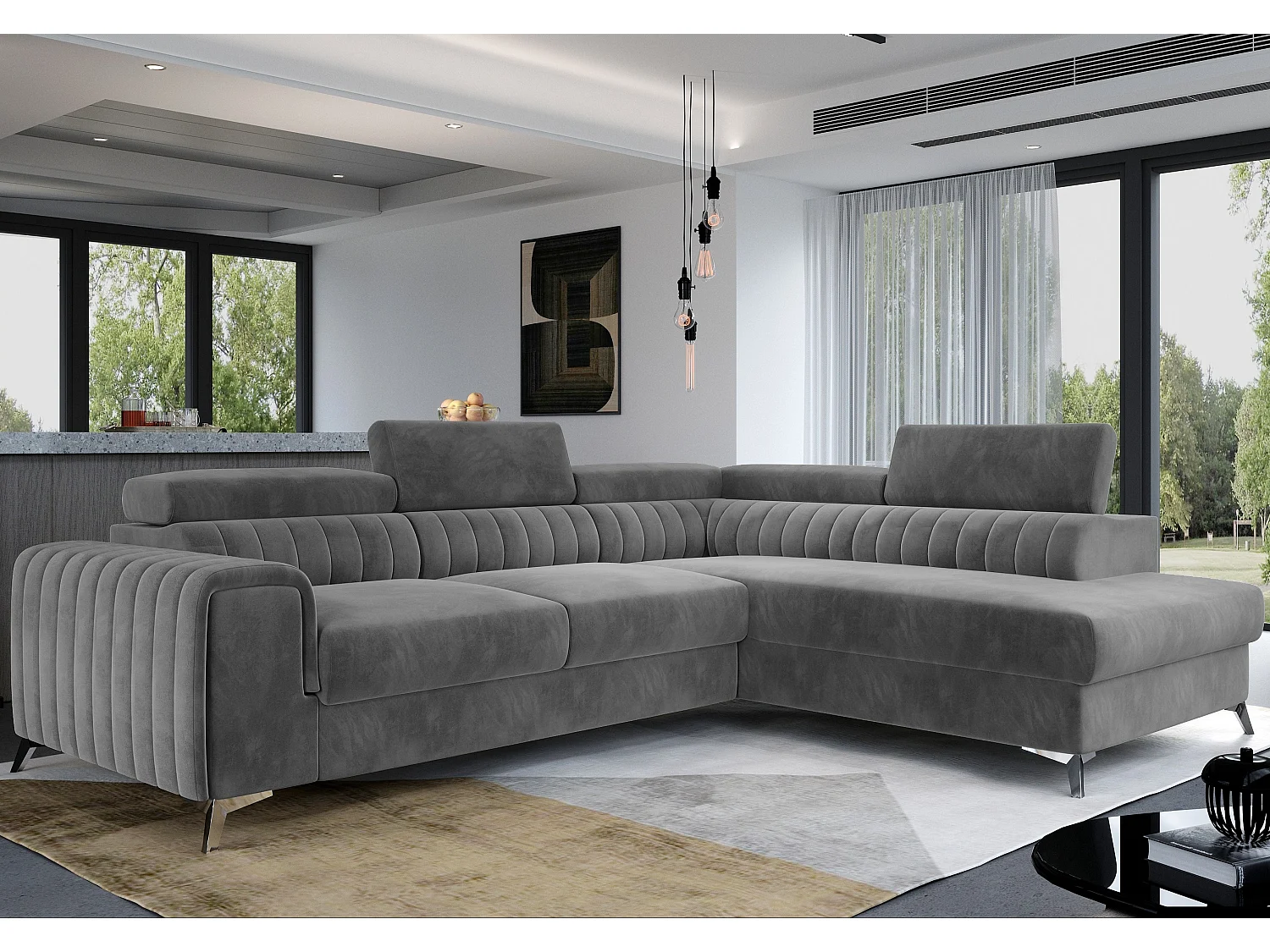 Canapé angle droit convertible avec appuis-tête réglables velours gris foncé Lozan 275cm