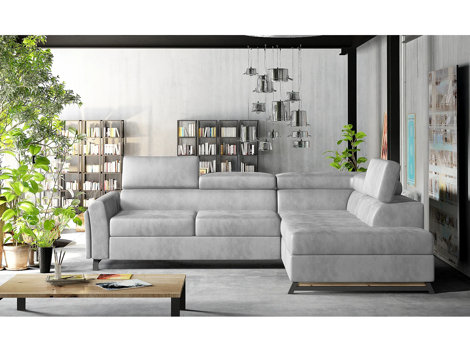 Canapé angle droit convertible velours gris clair avec têtières réglables Nikos 265cm