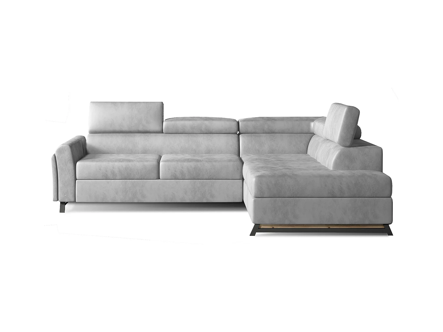 Canapé angle droit convertible velours gris clair avec têtières réglables Nikos 265cm