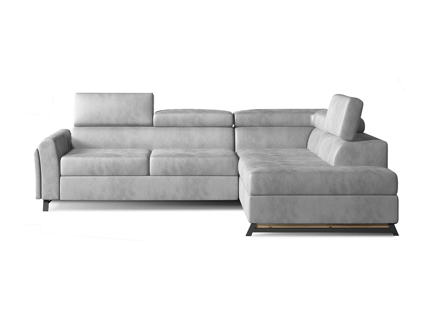 Canapé angle droit convertible velours gris clair avec têtières réglables Nikos 265cm