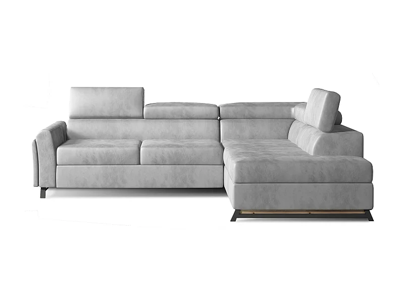 Canapé angle droit convertible velours gris clair avec têtières réglables Nikos 265cm