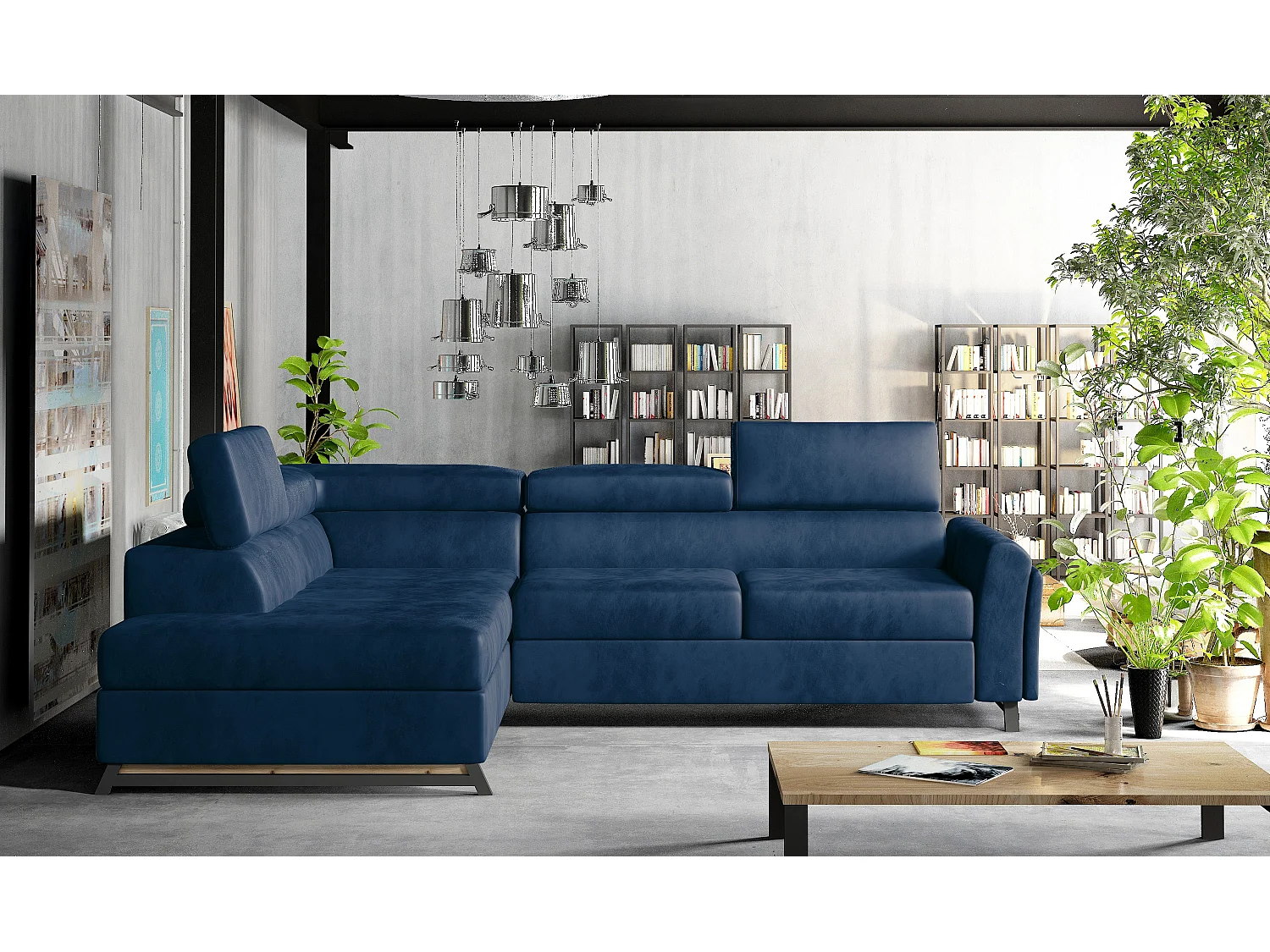 Canapé angle gauche convertible velours bleu foncé avec têtières réglables Nikos 265cm