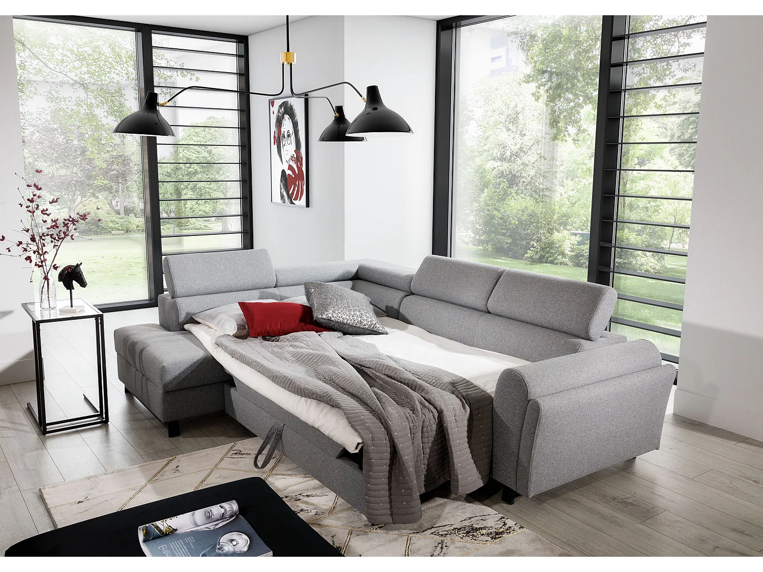 Canapé angle gauche convertible velours bleu foncé avec têtières réglables Nikos 265cm