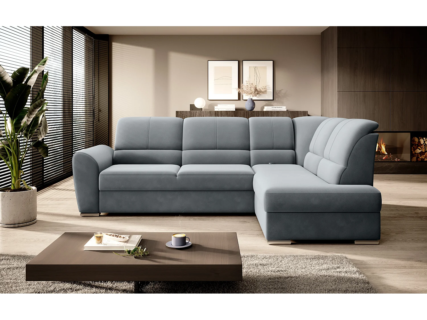 Canapé angle droit convertible velours gris et pieds acier chromé Zabor 270cm