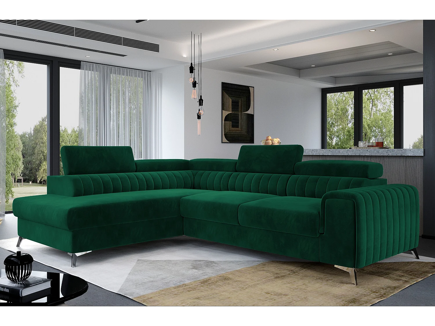 Canapé angle gauche convertible avec appuis-tête réglables velours vert foncé Lozan 275cm