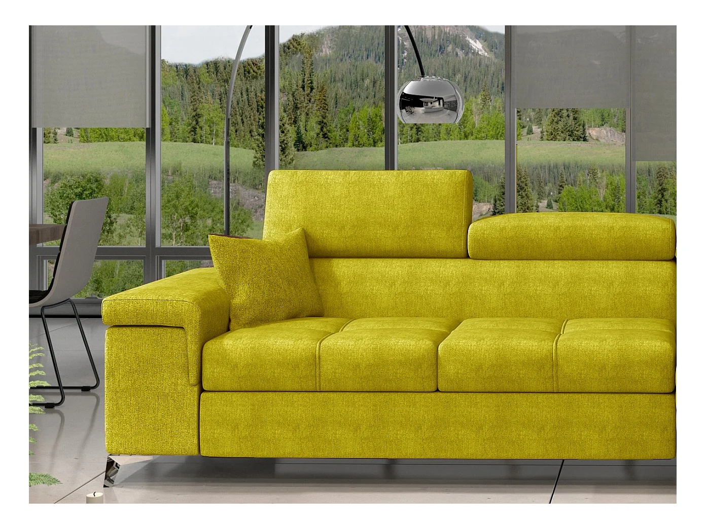 Converteerbare stoffen hoekbank met verstelbare hoofdsteunen Rikaro 280 cm-Kleur Olijfgeel-juiste hoek