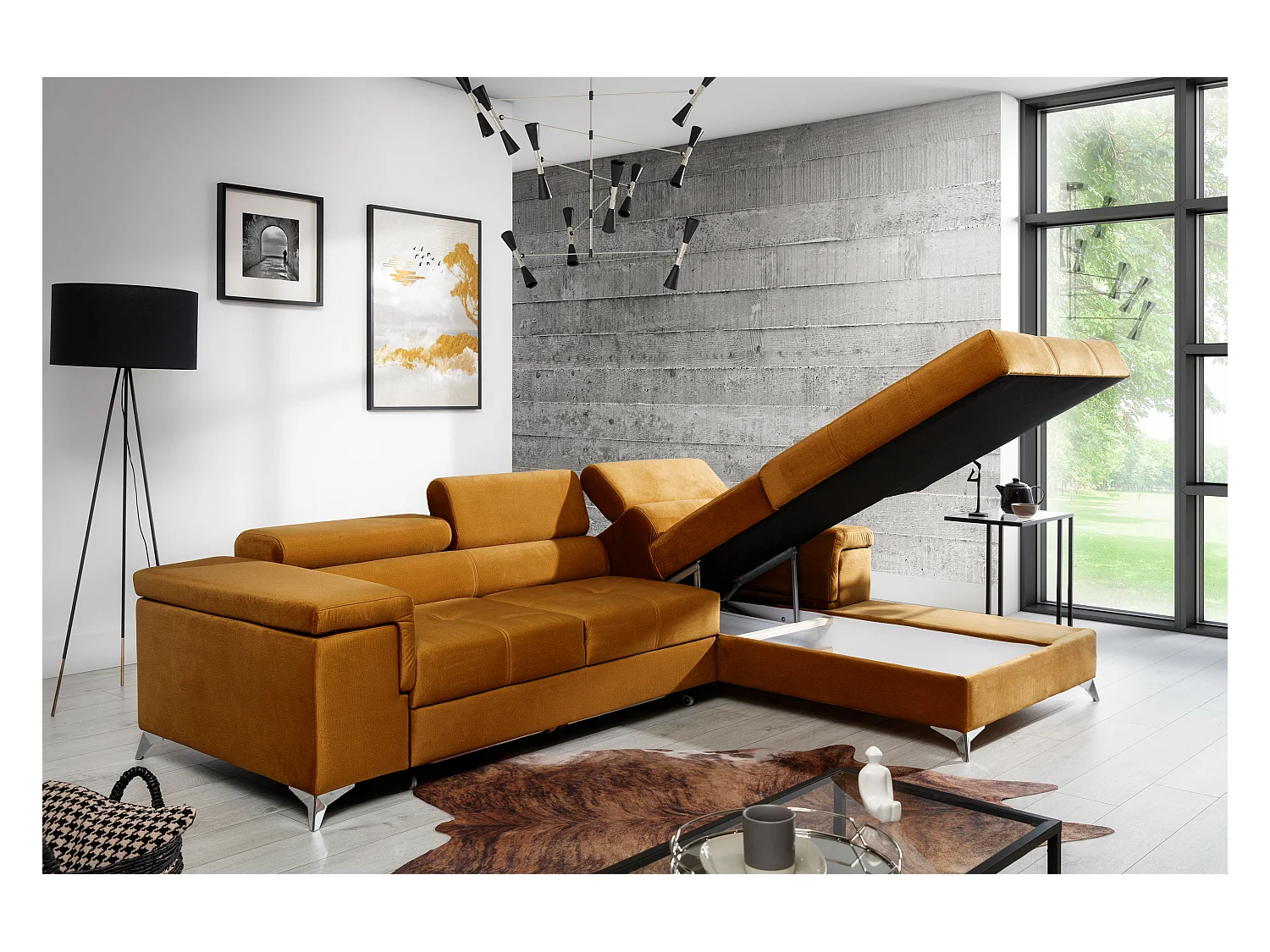 Converteerbare stoffen hoekbank met verstelbare hoofdsteunen Rikaro 280 cm-Kleur Olijfgeel-juiste hoek