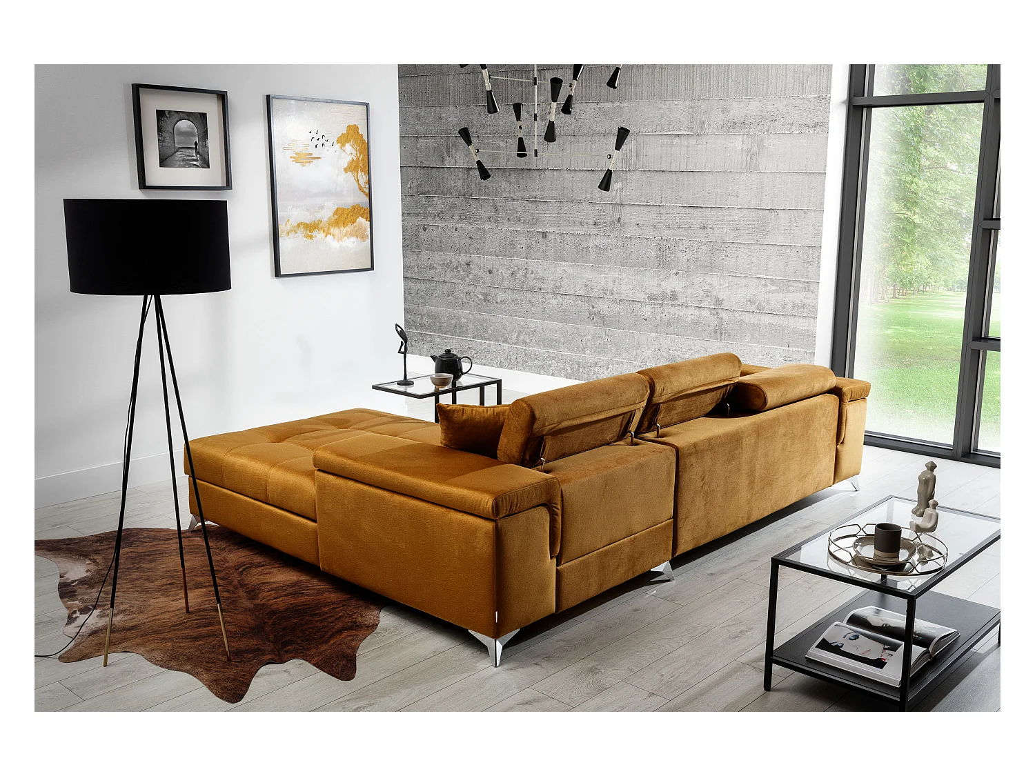 Converteerbare stoffen hoekbank met verstelbare hoofdsteunen Rikaro 280 cm-Kleur Olijfgeel-juiste hoek