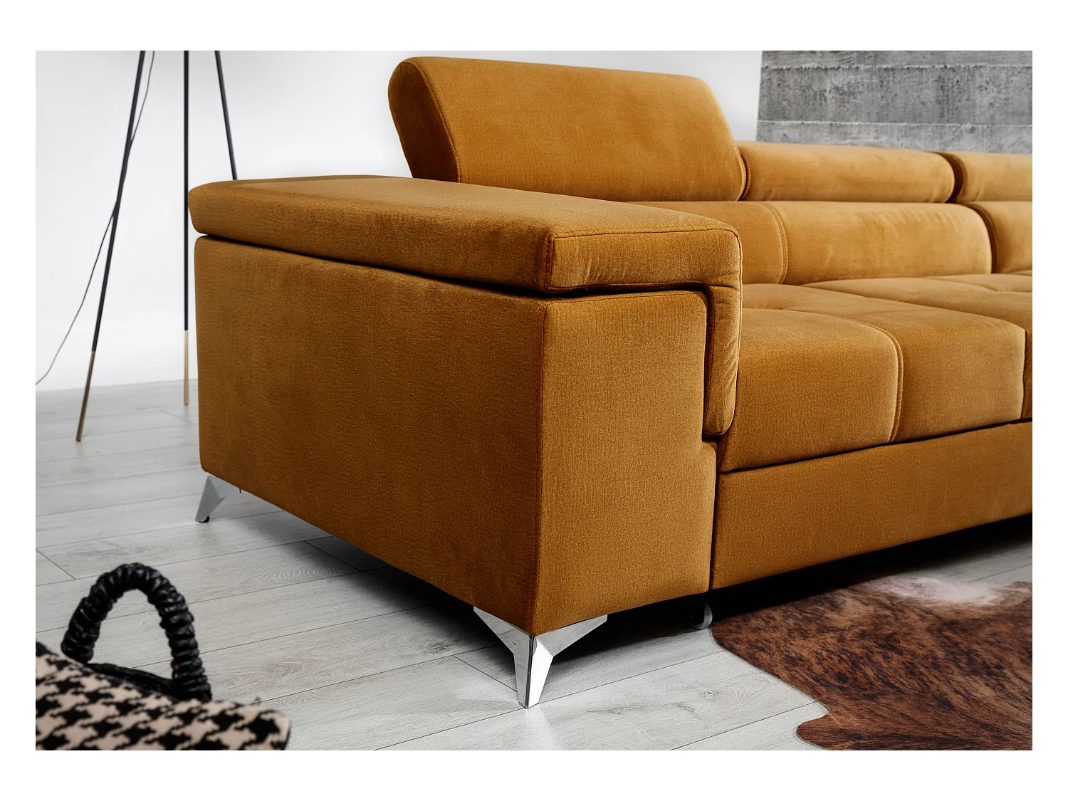 Converteerbare stoffen hoekbank met verstelbare hoofdsteunen Rikaro 280 cm-Kleur Olijfgeel-juiste hoek