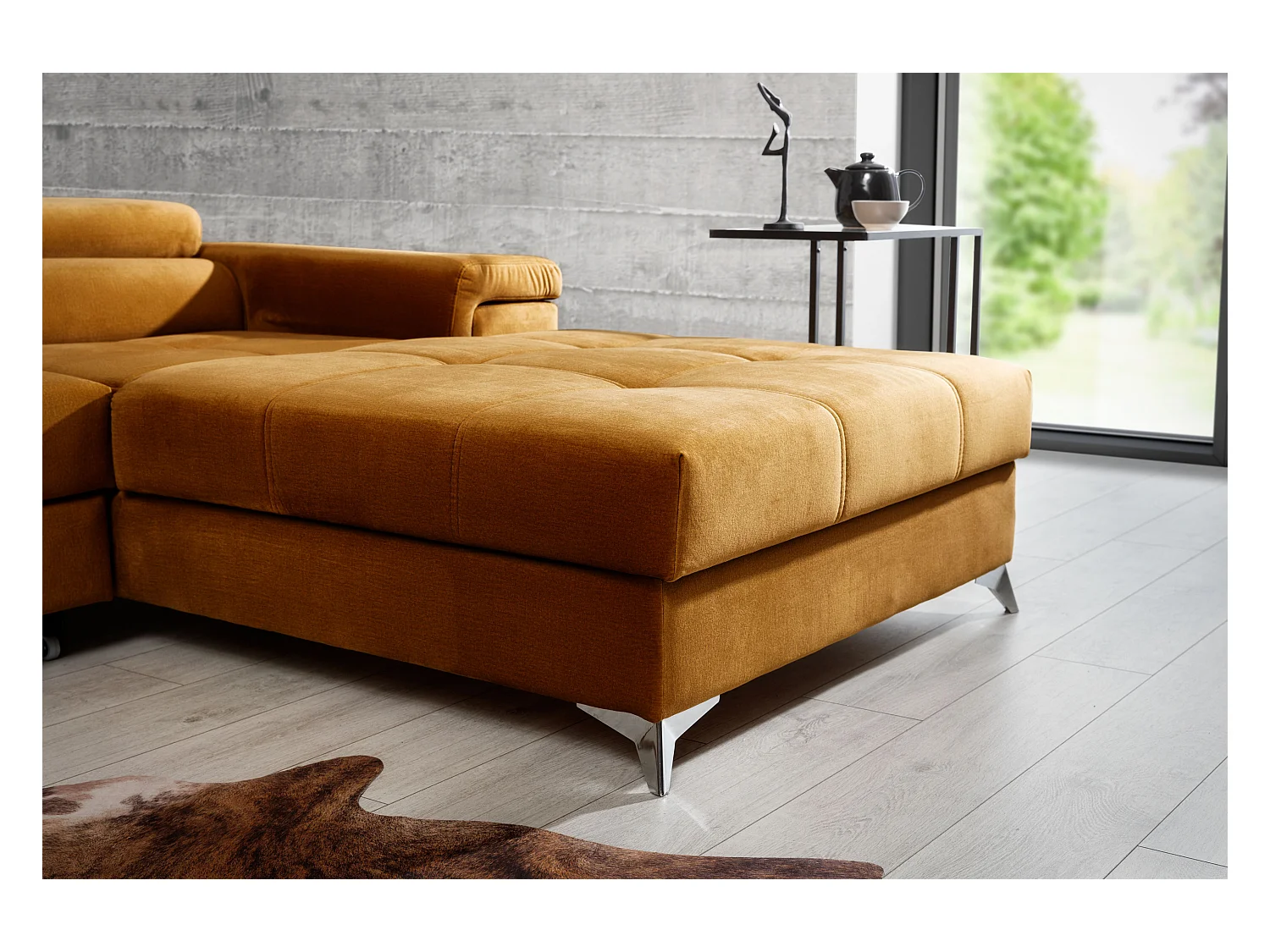 Converteerbare stoffen hoekbank met verstelbare hoofdsteunen Rikaro 280 cm-Kleur Olijfgeel-juiste hoek