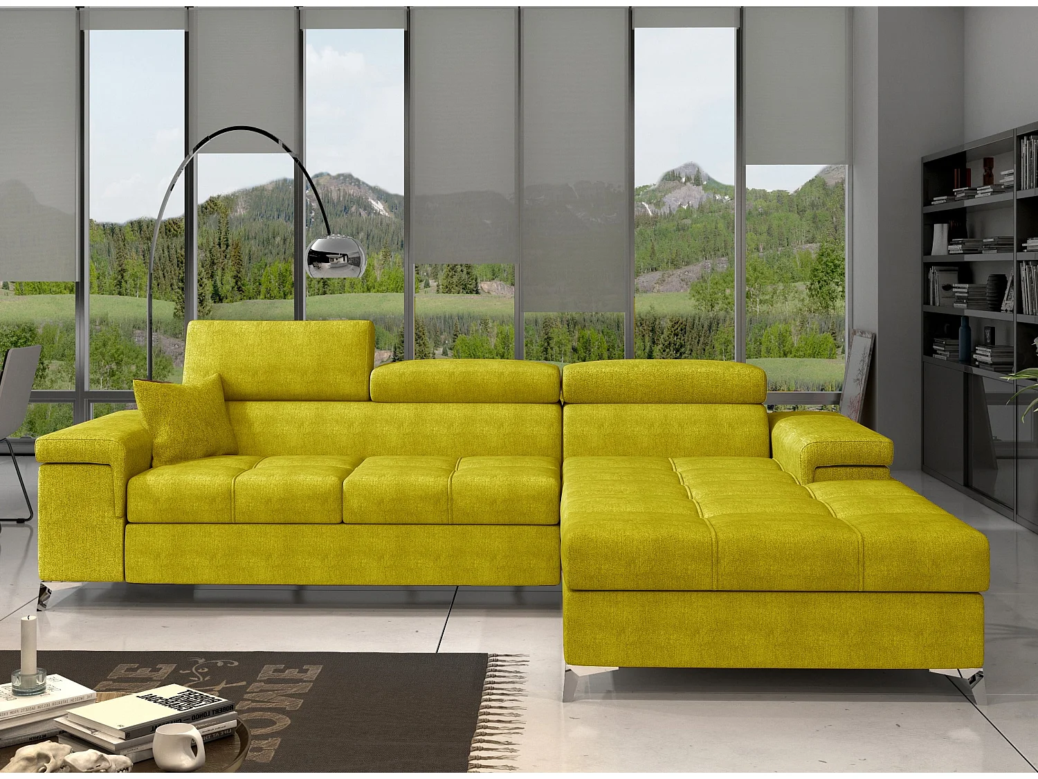 Converteerbare stoffen hoekbank met verstelbare hoofdsteunen Rikaro 280 cm-Kleur Olijfgeel-juiste hoek