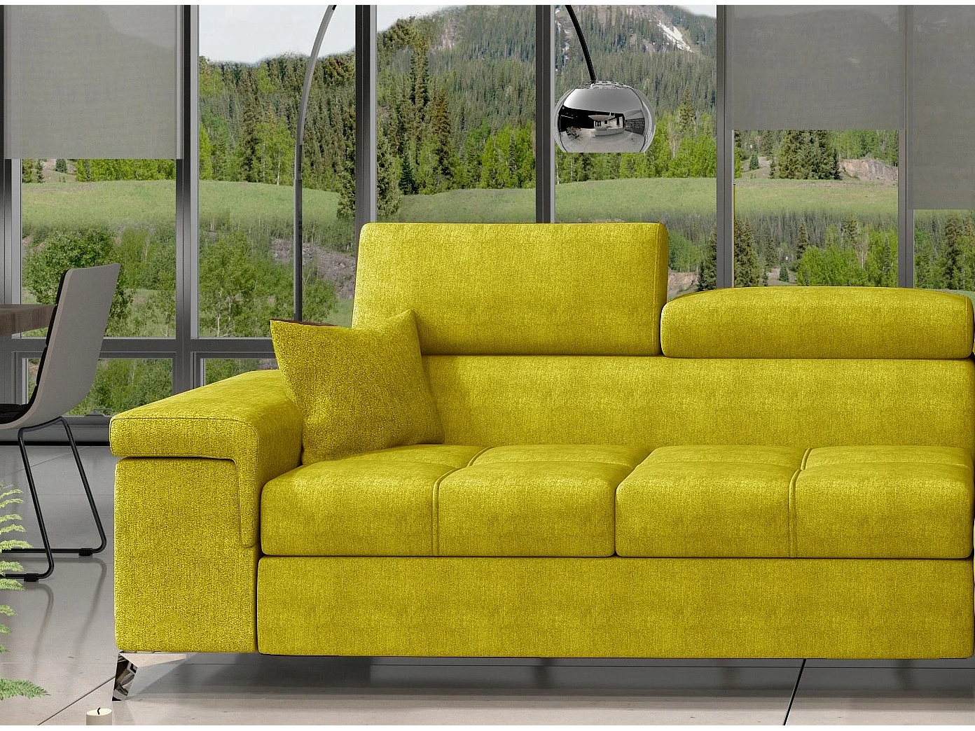 Converteerbare stoffen hoekbank met verstelbare hoofdsteunen Rikaro 280 cm-Kleur Olijfgeel-juiste hoek