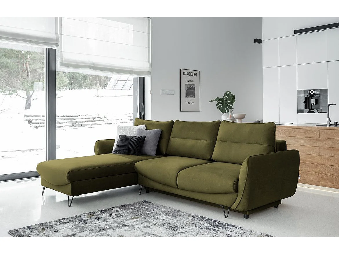 Canapé d'angle gauche convertible tissu doux vert olive Zurik 276cm