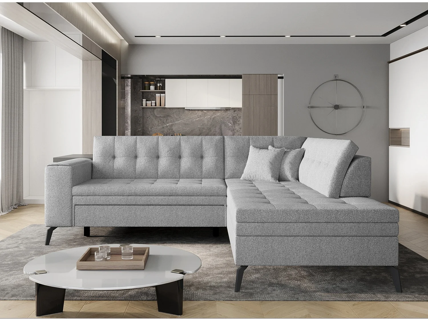 Canapé convertible capitonné angle droit tissu gris clair chiné Larry 260cm