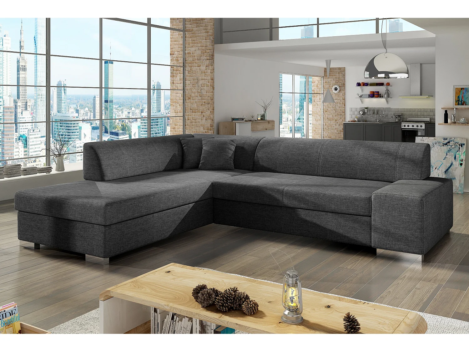 Canapé convertible moderne angle gauche tissu gris foncé chiné Plazo 278cm