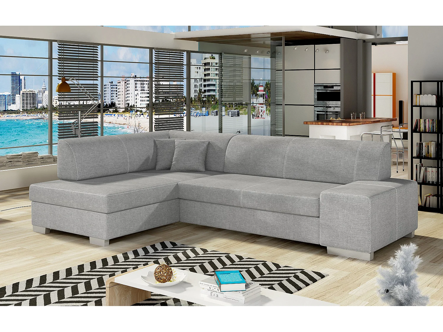 Canapé convertible angle gauche tissu gris clair Polky 272cm