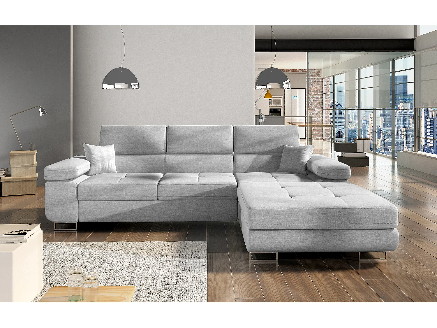 Canapé convertible d'angle droit tissu gris clair avec rangement Wile 280cm